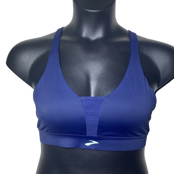 Brooks Large Drive Plunge Run Sports Bra Navy Ice Olive Compressive Strappy - Picture 11 of 11